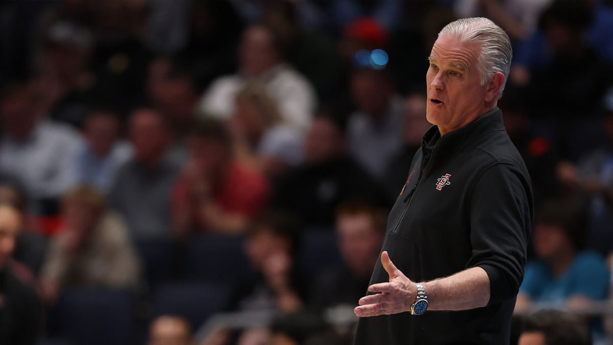 San Diego State Aztecs head coach Brian Dutcher reacts in the first half against the North Carolina Tar Heels at UD Arena. 