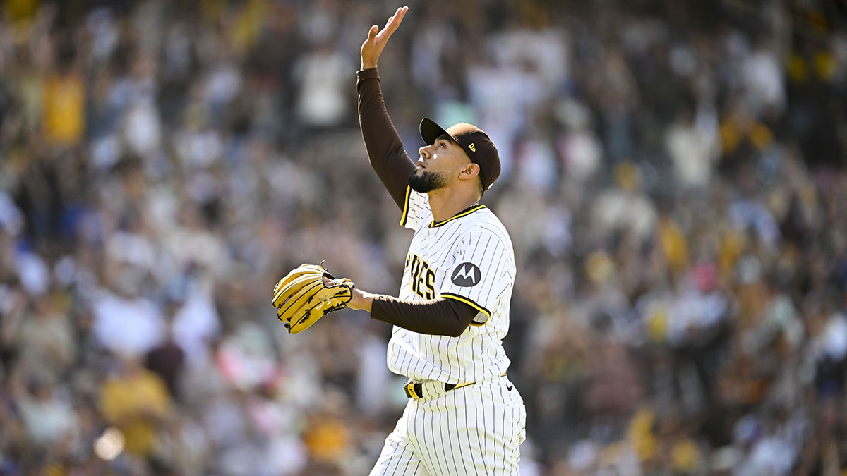 San Diego Padres relief pitcher Robert Suarez (75) looks skyward after pitching during the ninth inning against the Chicago Cubs at Petco Park.