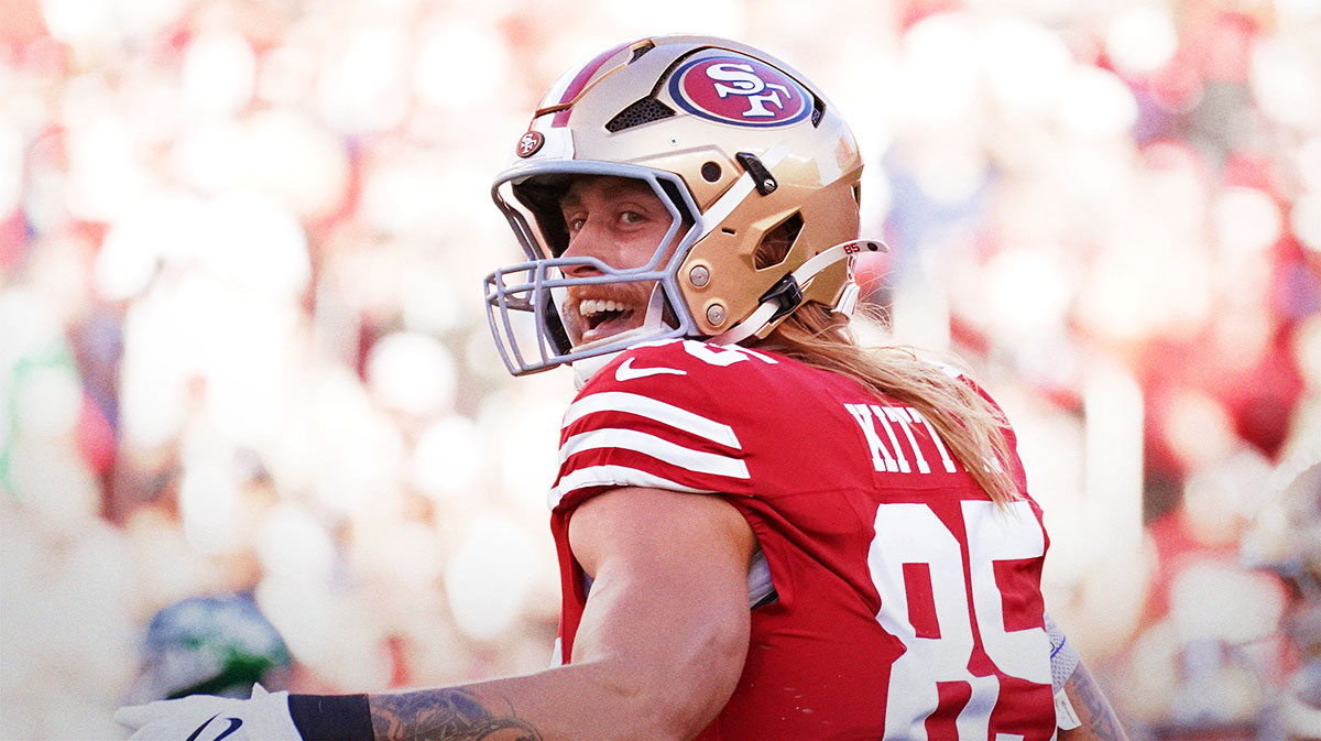 San Francisco 49ers tight end George Kittle (85) smiles at the referee in the first quarter vs. the New York Jets at Levi's Stadium.