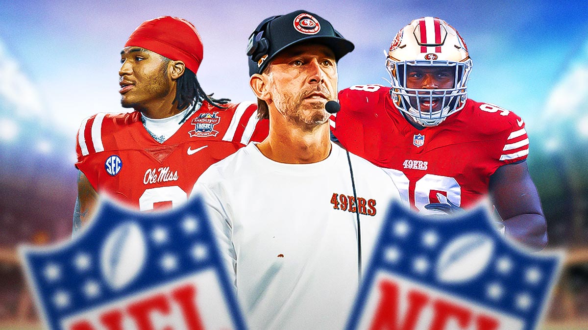 Ole Miss defensive tackle Walter Nolen (left), Kyle Shanahan (middle) and San Francisco 49ers defensive tackle Javon Hargrave (right)
