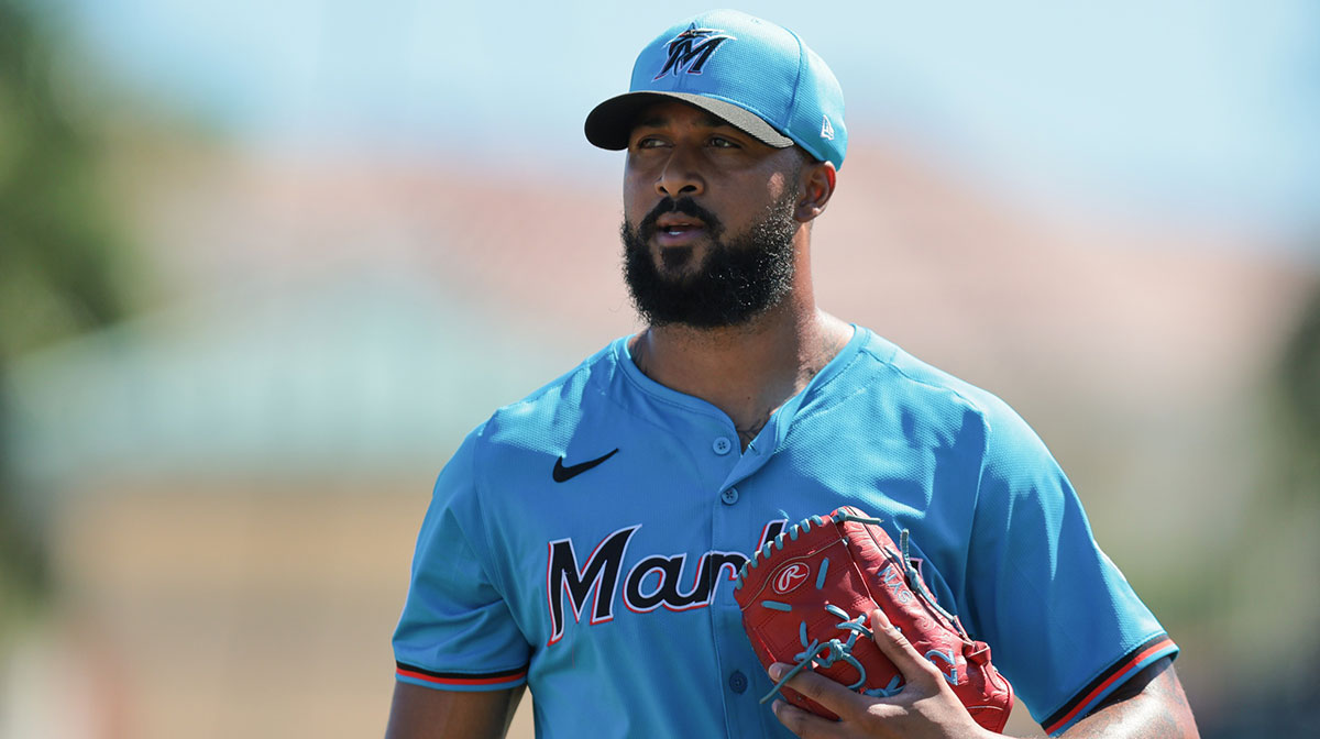 Miami Marlins starting pitcher Sandy Alcantara (22) looks on against the Atlanta Braves during the second inning at Roger Dean Chevrolet Stadium.