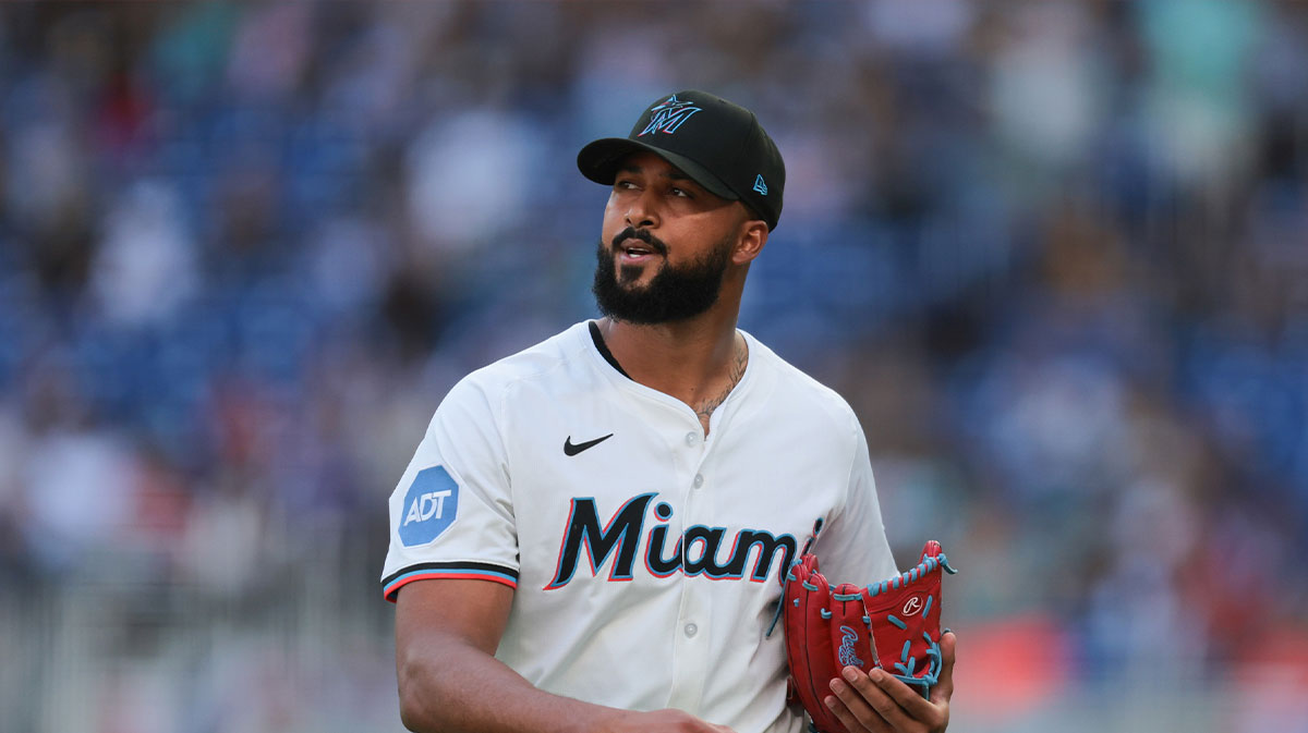 Miami Marlins starting pitcher Sandy Alcantara (22) looks on against the Pittsburgh Pirates during the first inning at loanDepot Park.