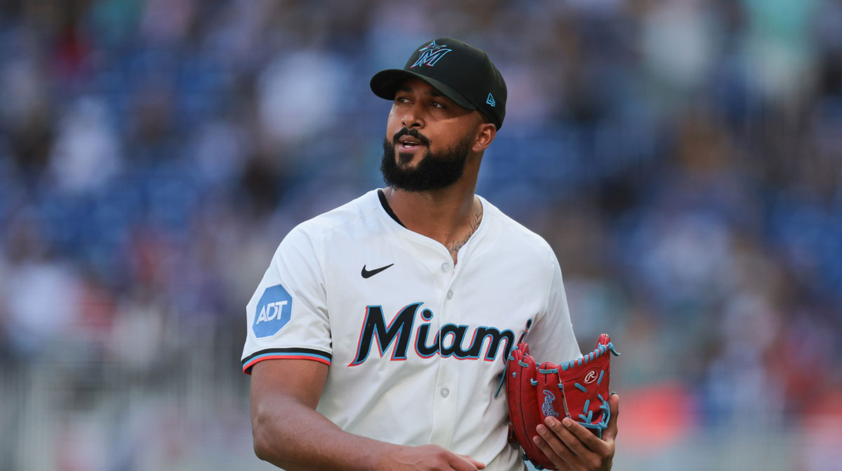 Miami Marlins starting pitcher Sandy Alcantara (22) looks on against the Pittsburgh Pirates during the first inning at loanDepot Park.