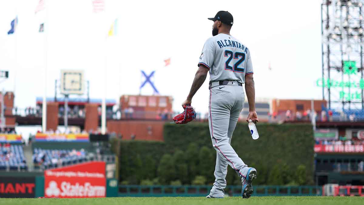 Apr 18, 2025; Philadelphia, Pennsylvania, USA; Miami Marlins pitcher Sandy Alcantara (22) takes the field before a game against the Philadelphia Phillies at Citizens Bank Park. Mandatory Credit: Bill Streicher-Imagn Images