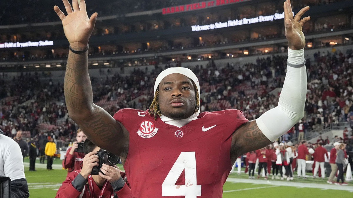 Alabama Crimson Tide quarterback Jalen Milroe (4) celebrates after defeating the Auburn Tigers at Bryant-Denny Stadium. Alabama won 28-14.