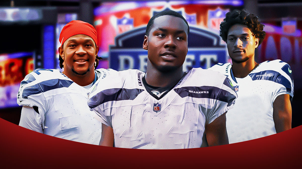 Mykel Williams, Jared Ivey, and Jayden Higgins in Seahawks jerseys with an NFL Draft background.