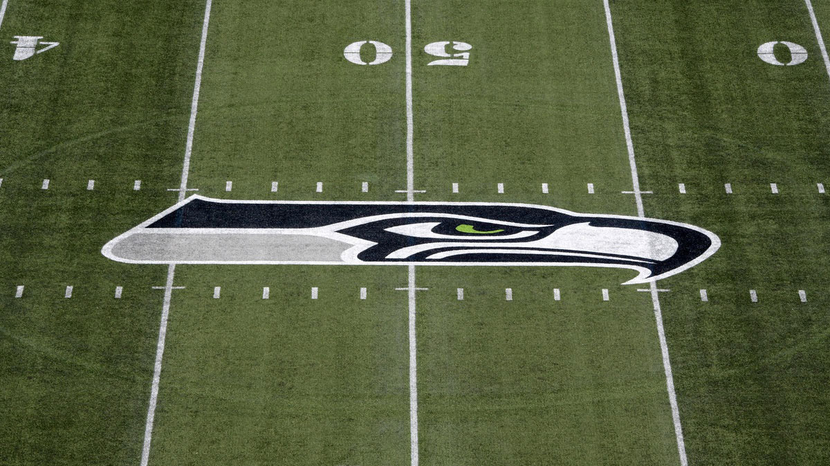 General overall view of Seattle Seahawks logo at CenturyLink Field during a NFL football game against the Kansas City Chiefs.