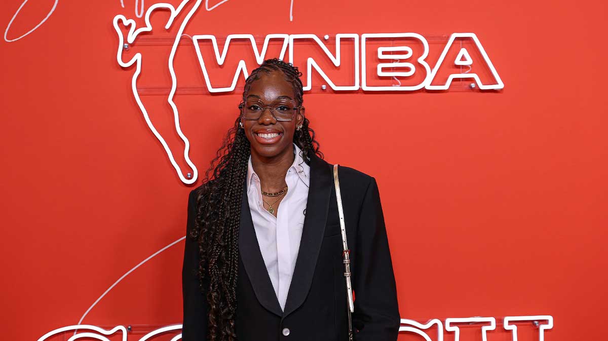 Dominique Malonga on the orange carpet before the 2025 WNBA Draft.