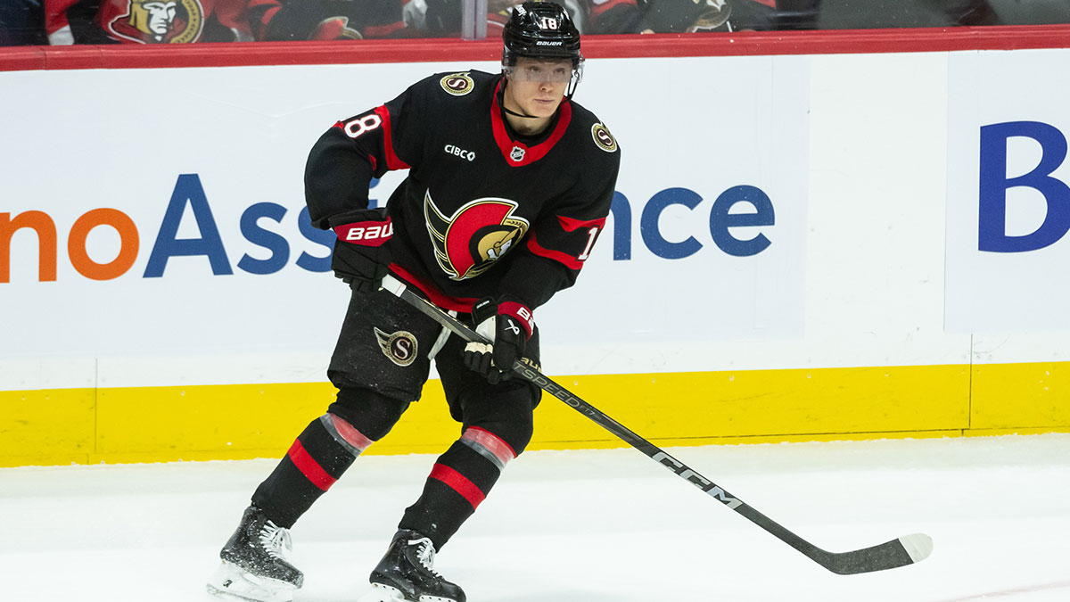 Ottawa Senators center Tim Stutzle (18) controls the puck in overtime against the Philadelphia Flyers at the Canadian Tire Centre.