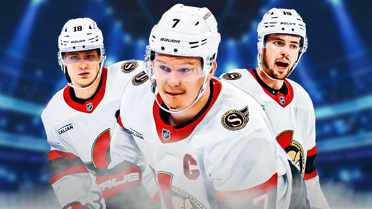 Brady Tkachuk in middle, Tim Stutzle and Drake Batherson on either side, hockey rink in background