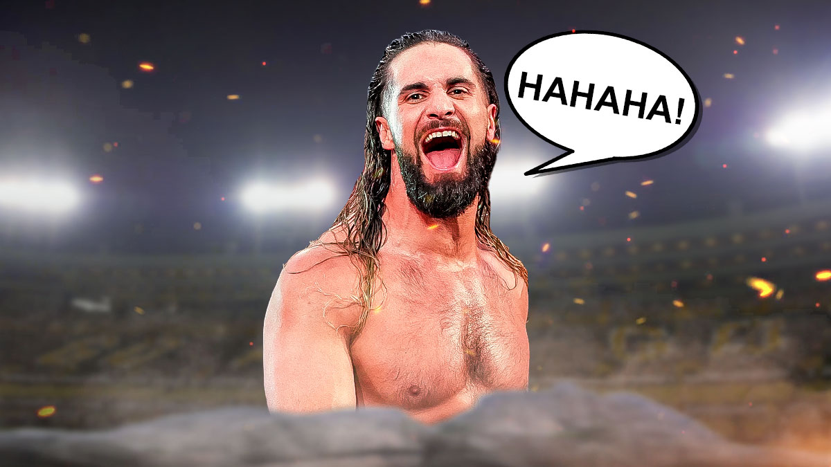 Seth Rollins with a text bubble reading "Hahaha!" with Lambeau Field with fire on it in the background.