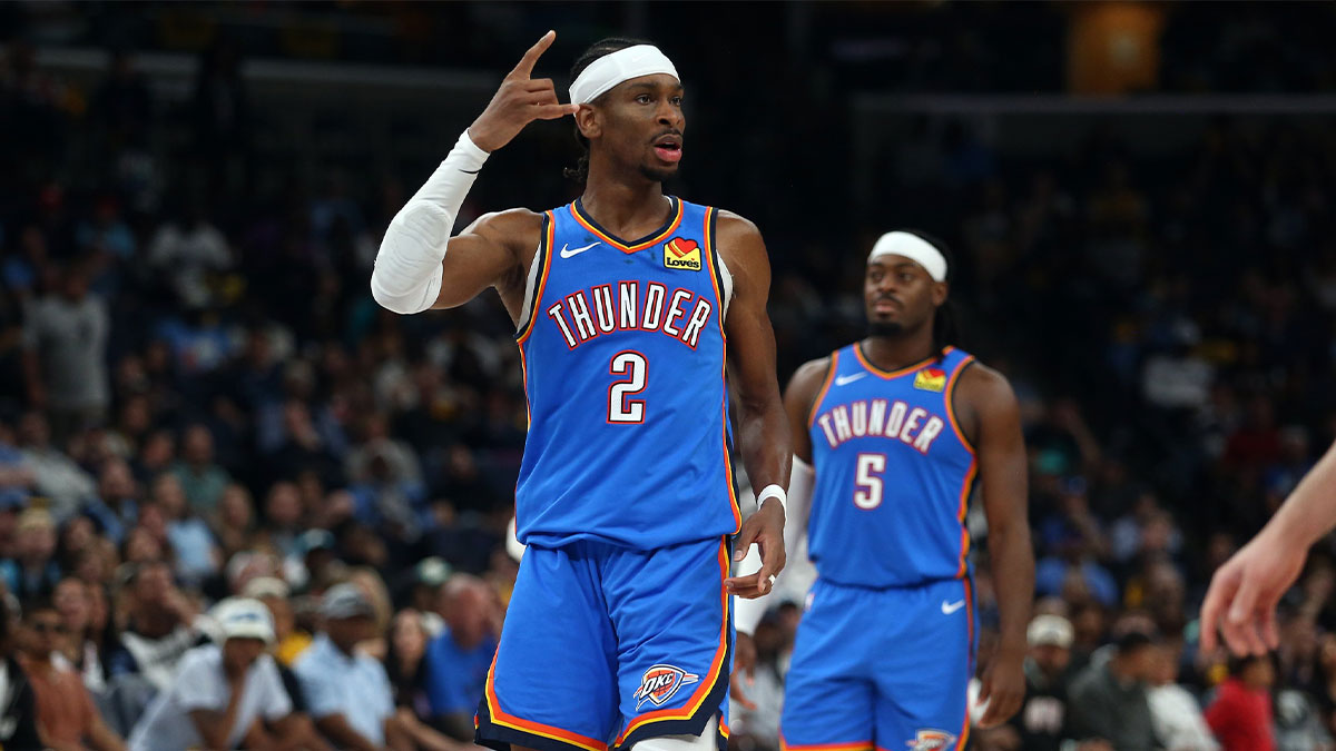 Oklahoma City Thunder guard Shai Gilgeous-Alexander (2) reacts during the fourth quarter against the Memphis Grizzlies during game four for the first round of the 2024 NBA Playoffs at FedExForum