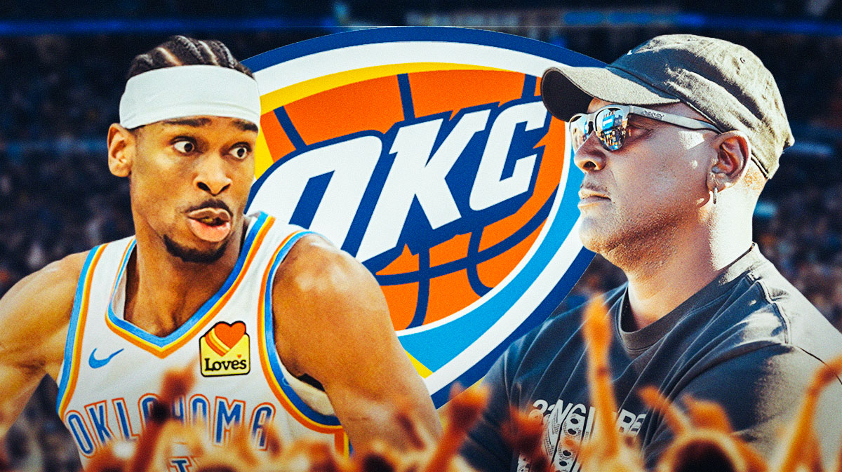 Thunder All-Star Shai Gilgeous-Alexander next to Michael Jordan with the Thunder logo in the background