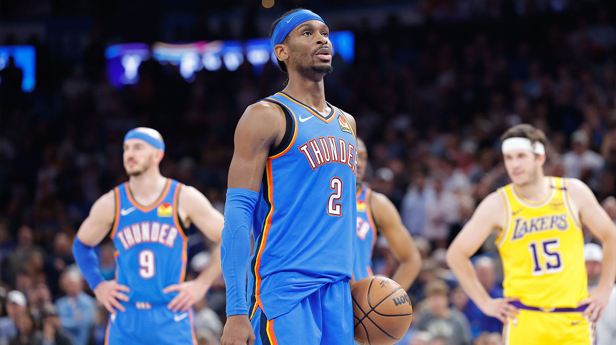 Oklahoma City Thunder guard Shai Gilgeous-Alexander (2) prepares to shoot a free-throw basket during the second half of a game against the Los Angeles Lakers at Paycom Center.