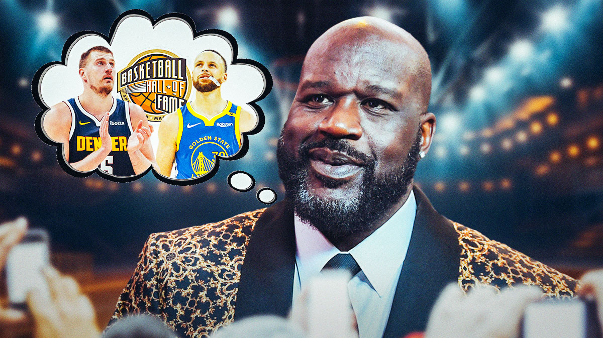 Shaquille O'Neal with a thought bubble of the NBA Hall of Fame, and Stephen Curry and Nikola Jokic standing next to him.