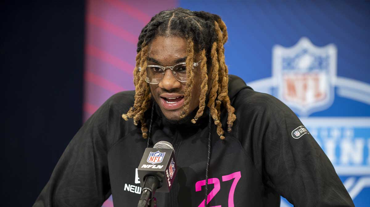 Feb 27, 2025; Indianapolis, IN, USA; East Carolina defensive back Shavon Revel (DB27) during the 2025 NFL Combine at Lucas Oil Stadium.