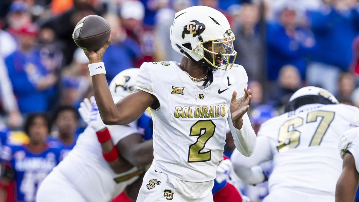 Colorado quarterback Shedeur Sanders (2) passes the ball during the 2nd quarter between the Kansas Jayhawks and the Colorado Buffaloes at GEHA Field at Arrowhead Stadium.