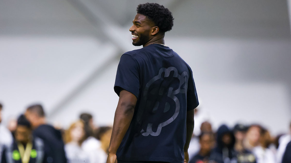 Colorado Buffaloes quarterback Shedeur Sanders (2) laughs during the University of Colorado NFL Showcase at the CU Indoor Practice Facility.