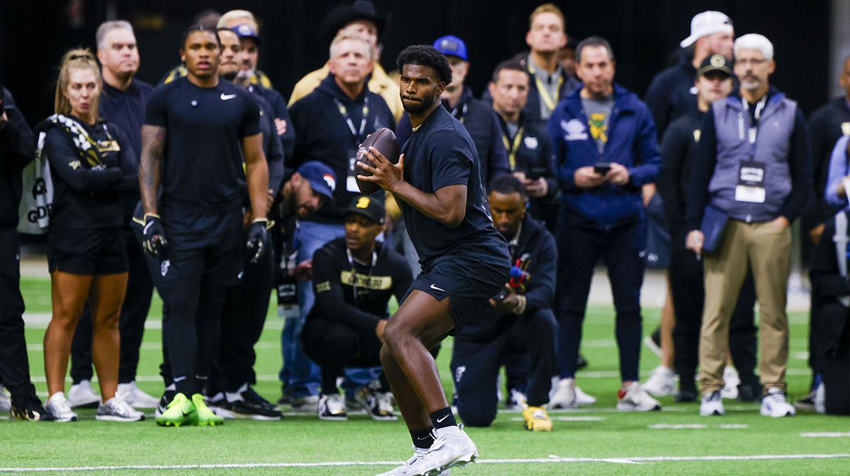 Colorado Buffaloes quarterback Shedeur Sanders (2) looks to make a pass at the University of Colorado NFL Showcase at the CU Indoor Practice Facility