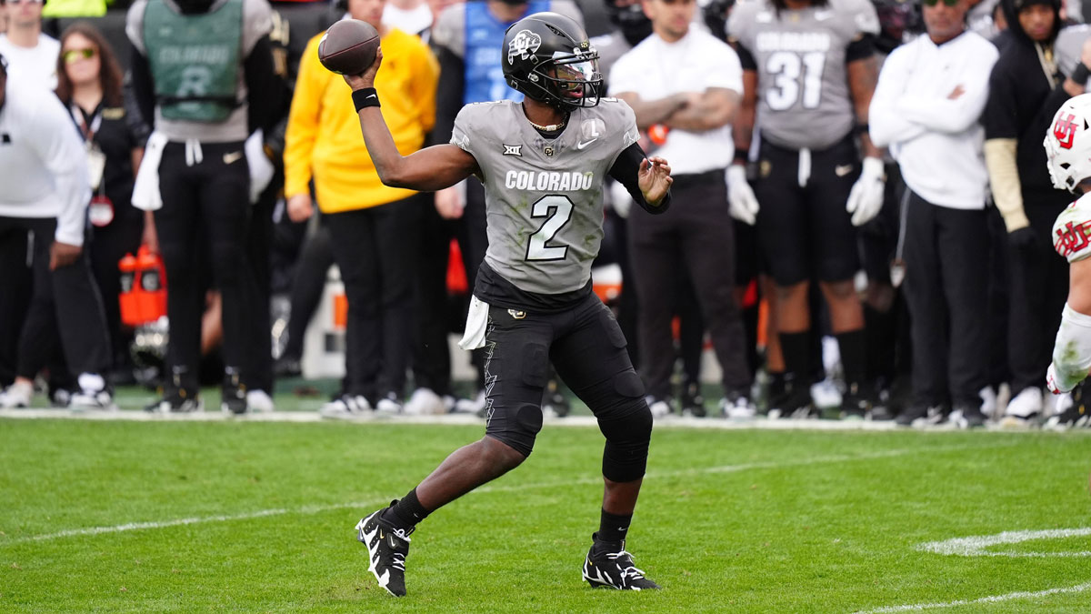 Colorado Buffaloes quarterback Shedeur Sanders (2) prepares to pass in the second half against the Utah Utes at Folsom Field.