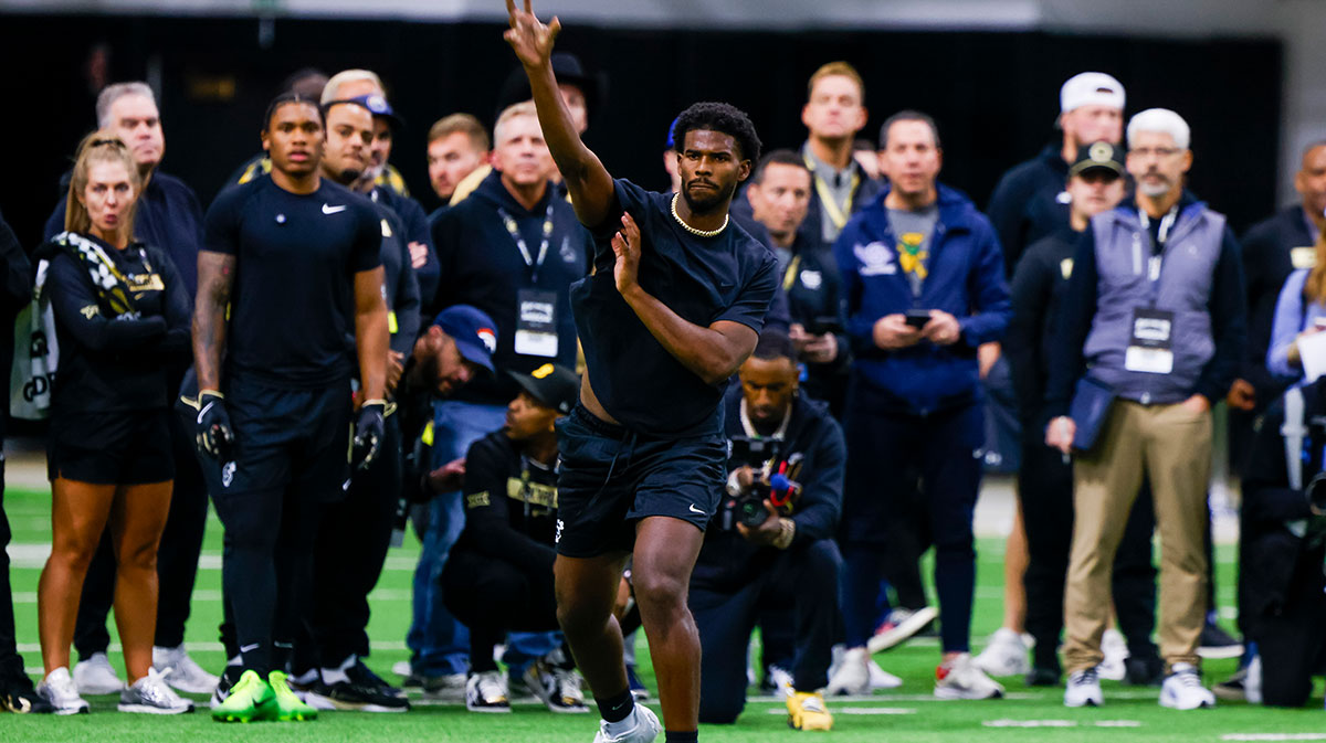 Colorado Buffaloes quarterback Shedeur Sanders (2) passes the ball at the University of Colorado NFL Showcase at the CU Indoor Practice Facility. Mandatory Credit: Michael Ciaglo-Imagn Images