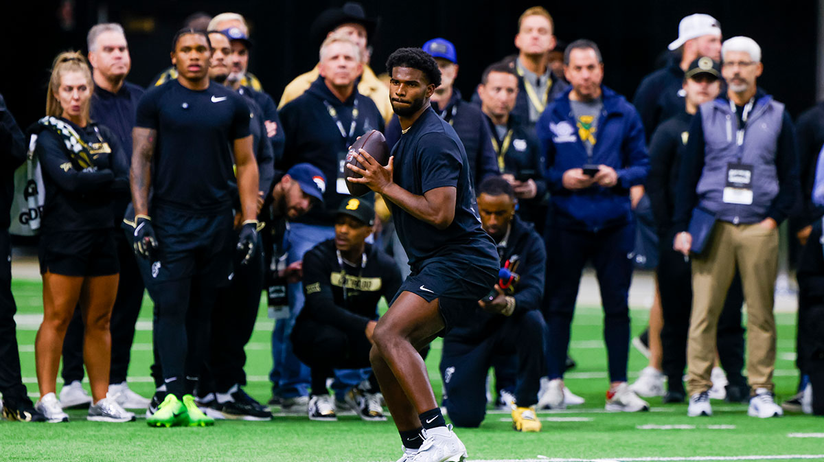 Colorado Buffaloes quarterback Shedeur Sanders (2) looks to make a pass at the University of Colorado NFL Showcase at the CU Indoor Practice Facility. Mandatory Credit: Michael Ciaglo-Imagn Images
