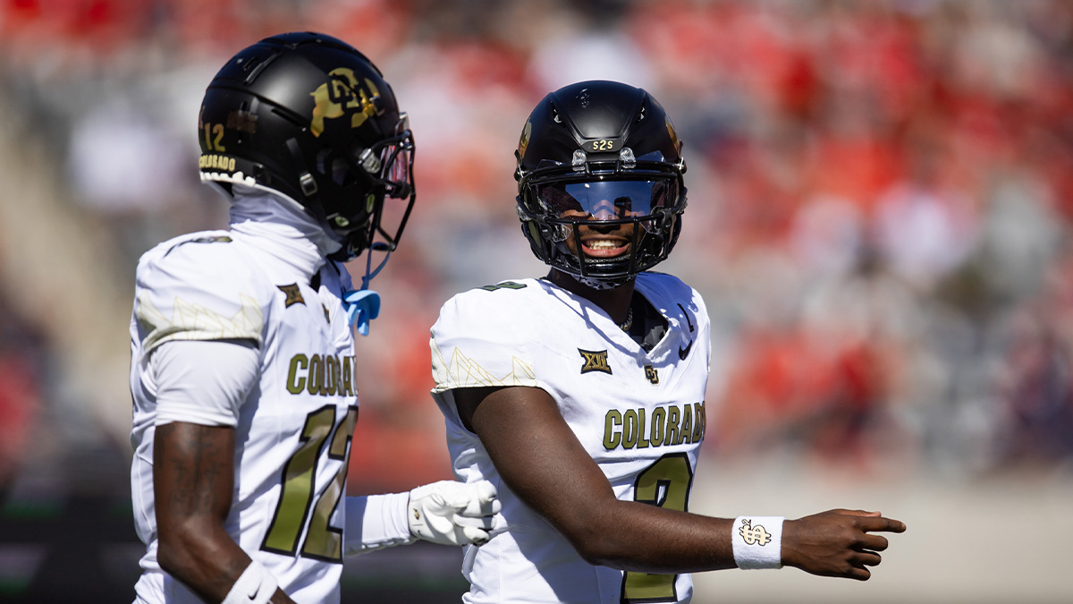 Colorado Buffalos quarterback Shedeur Sanders (2) with wide receiver Travis Hunter (12) against the Arizona Wildcats at Arizona Stadium.