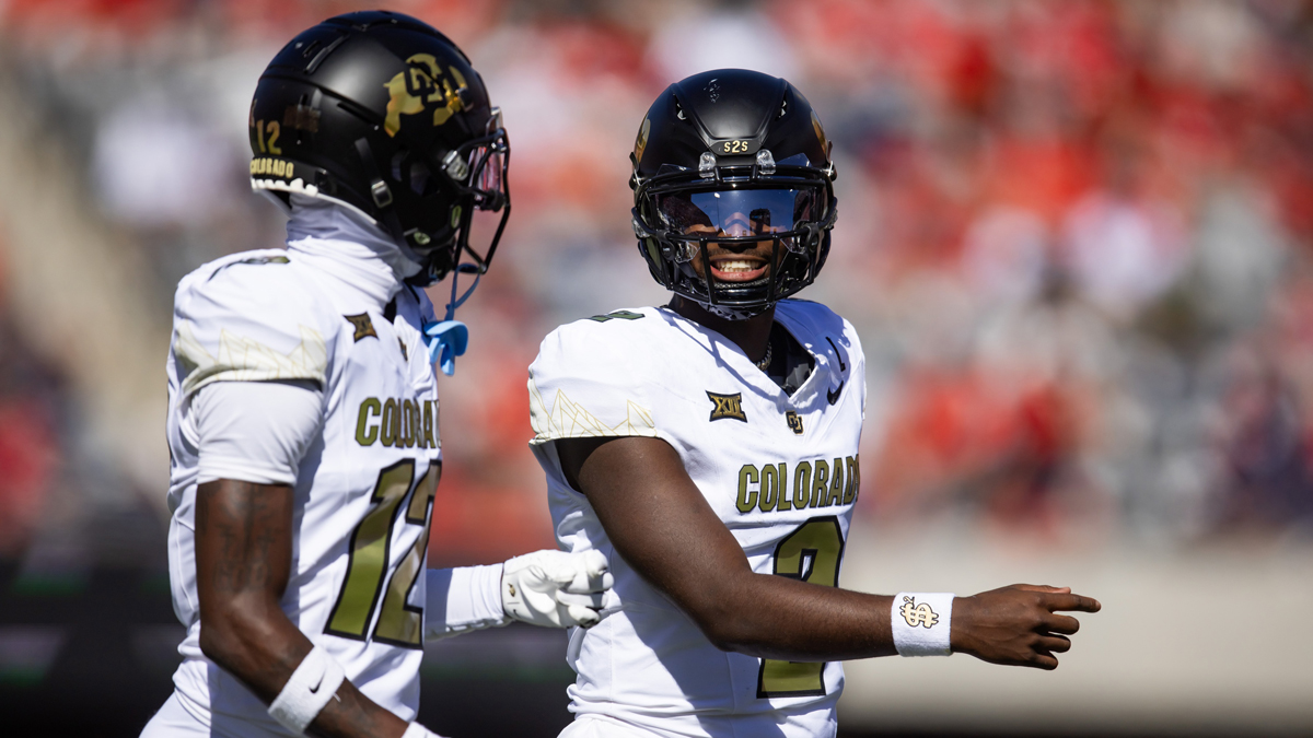 NFL Draft prospects Colorado Buffalos quarterback Shedeur Sanders (2) with wide receiver Travis Hunter (12) against the Arizona Wildcats at Arizona Stadium.