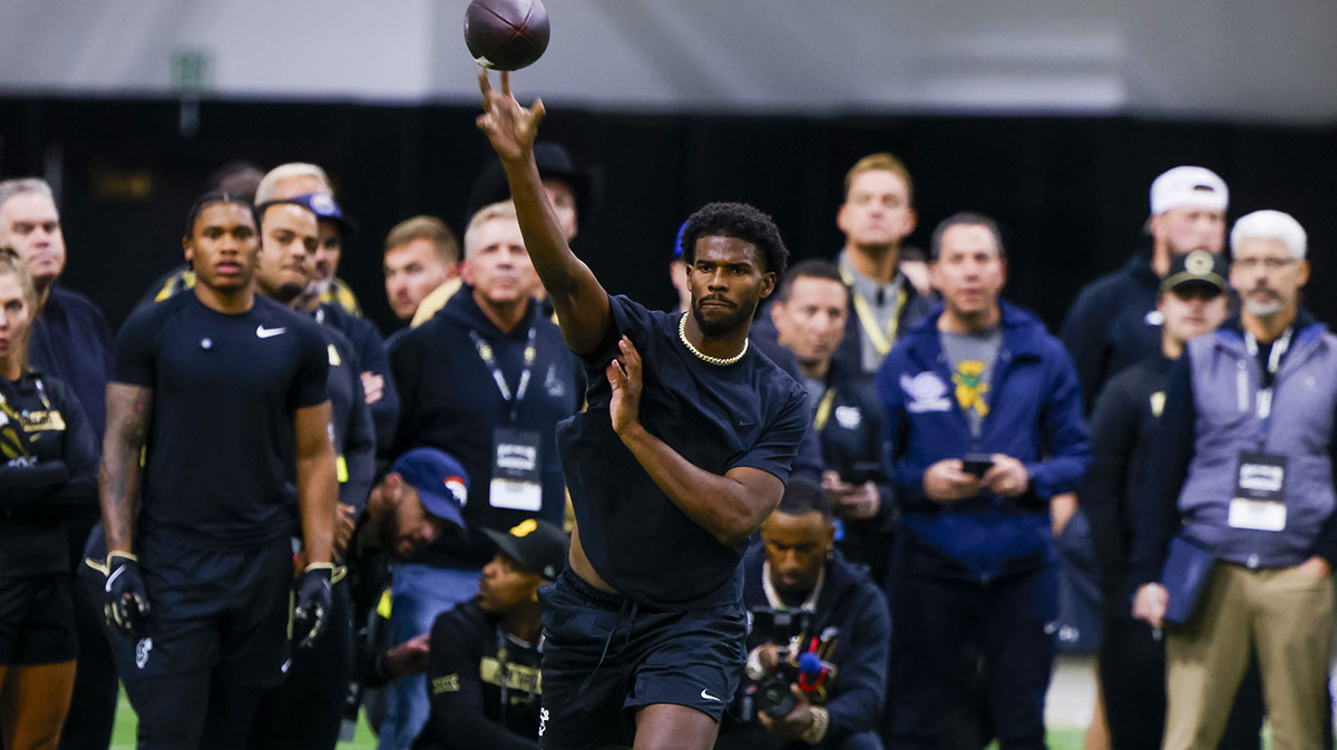 Colorado Buffaloes quarterback Shedeur Sanders (2) passes the ball at the University of Colorado NFL Showcase at the CU Indoor Practice Facility.