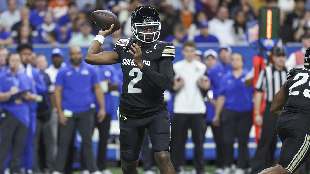 Colorado Buffaloes quarterback Shedeur Sanders (2) attempts a pass during the first quarter against the Brigham Young Cougars at Alamodome.