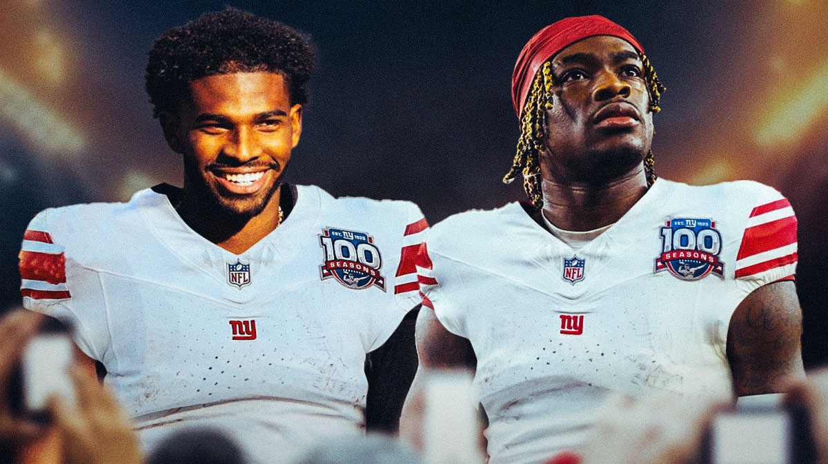 Shedeur Sanders and Jalen Milroe in New York Giants jerseys, with a background of MetLife Stadium