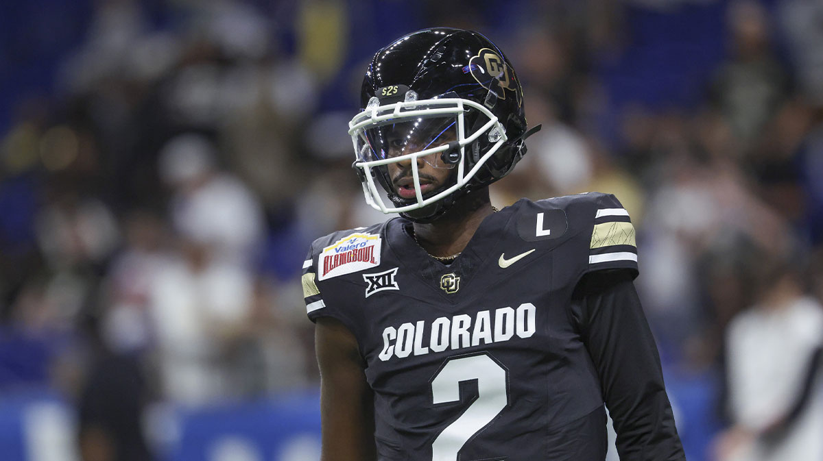 Colorado Buffaloes quarterback Shedeur Sanders (2) warms up before the game against the Brigham Young Cougars at Alamodome.
