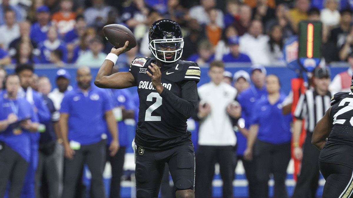 Colorado Buffaloes quarterback Shedeur Sanders (2) attempts a pass during the first quarter against the Brigham Young Cougars at Alamodome.