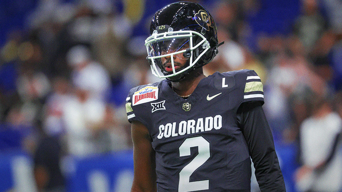 Colorado Buffaloes quarterback Shedeur Sanders (2) warms up before the game against the Brigham Young Cougars at Alamodome.