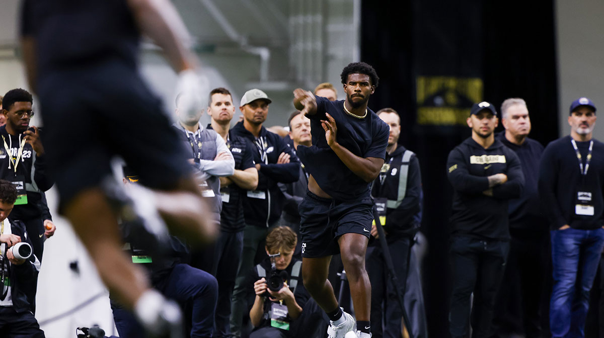 Colorado Buffaloes quarterback Shedeur Sanders (2) passes the ball at the University of Colorado NFL Showcase at the CU Indoor Practice Facility.