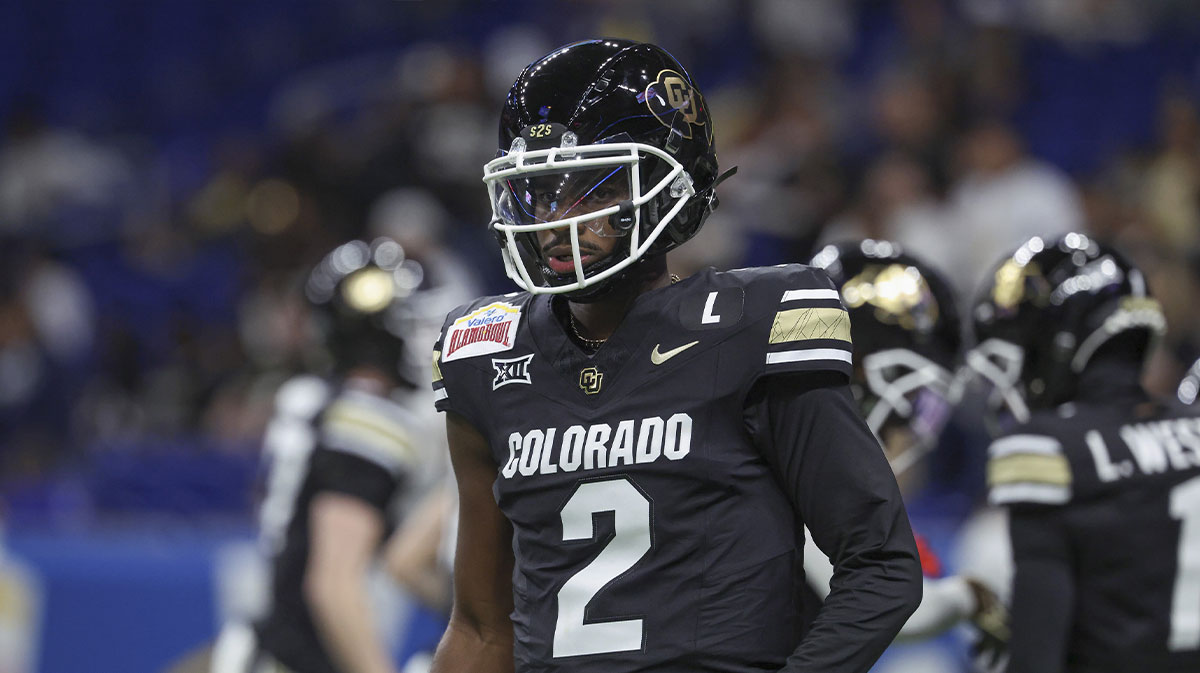 Colorado Buffaloes quarterback Shedeur Sanders (2) warms up before the game against the Brigham Young Cougars at Alamodome.