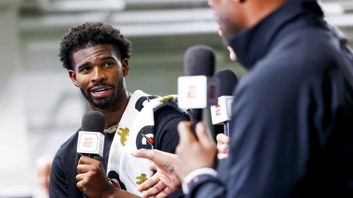 Colorado Buffaloes quarterback Shedeur Sanders (2) talks to ESPN after the University of Colorado NFL Showcase at the CU Indoor Practice Facility.