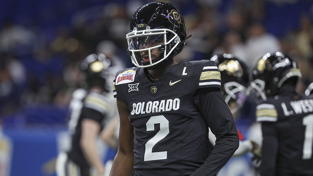 Colorado Buffaloes quarterback Shedeur Sanders (2) warms up before the game against the Brigham Young Cougars at Alamodome.