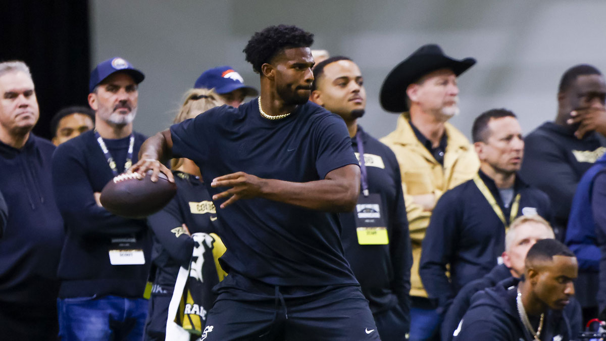 Colorado Buffaloes quarterback Shedeur Sanders (2) passes the ball at the University of Colorado NFL Showcase at the CU Indoor Practice Facility.