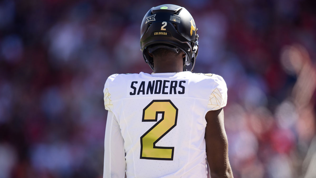 Detailed view of the jersey of Colorado Buffalos quarterback Shedeur Sanders (2) against the Arizona Wildcats at Arizona Stadium.