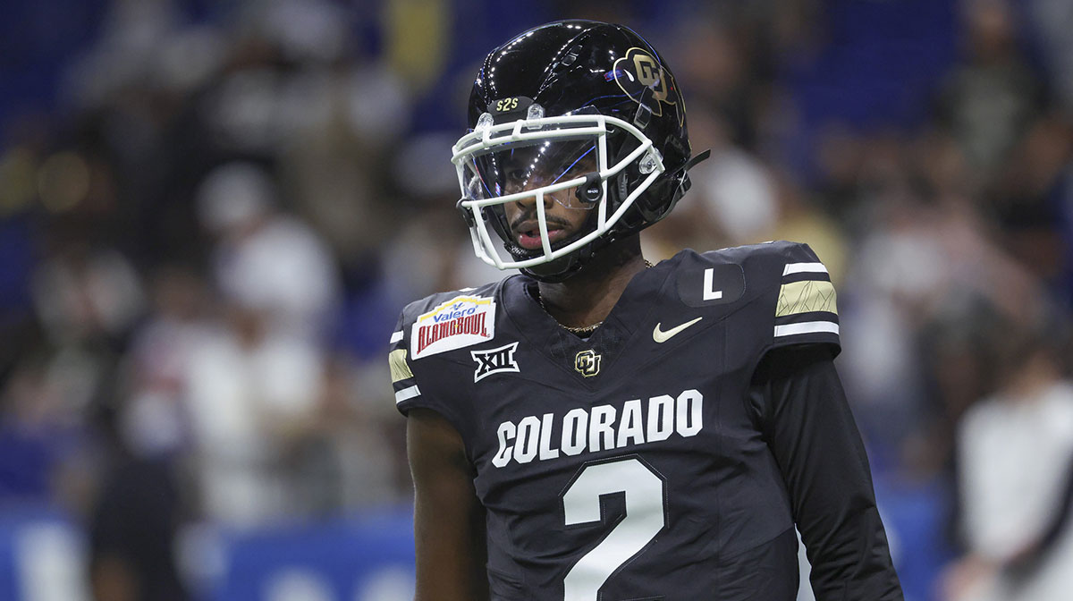 Colorado Buffaloes quarterback Shedeur Sanders (2) warms up before the game against the Brigham Young Cougars at Alamodome.