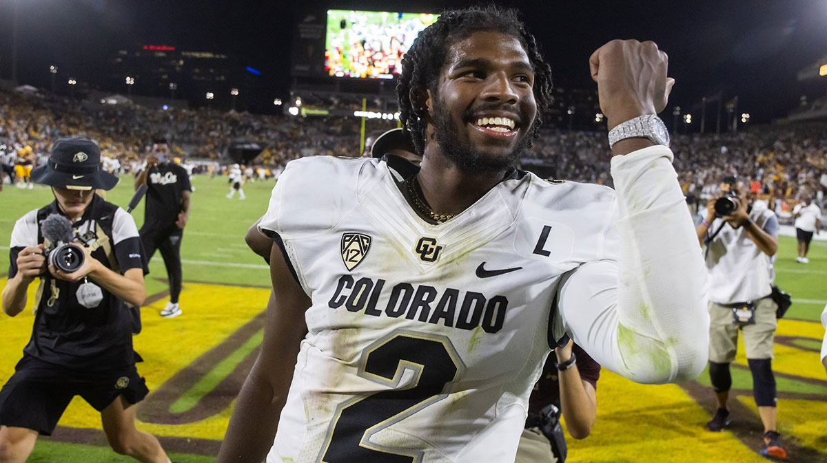 Colorado Buffaloes quarterback Shedeur Sanders (2) celebrates after defeating the Arizona State Sun Devils at Mountain America Stadium, Home of the ASU Sun Devils.