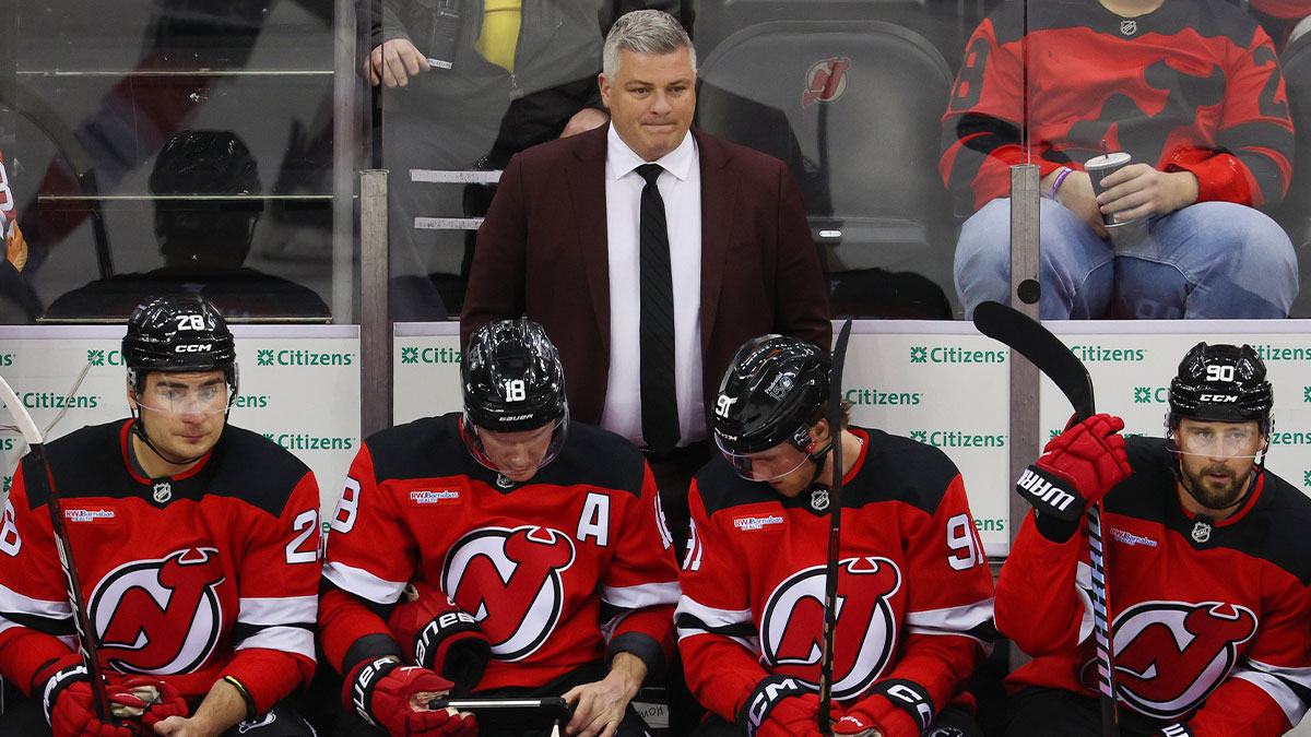 New Jersey Devils head coach Sheldon Keefe against the Edmonton Oilers during the third period at Prudential Center.