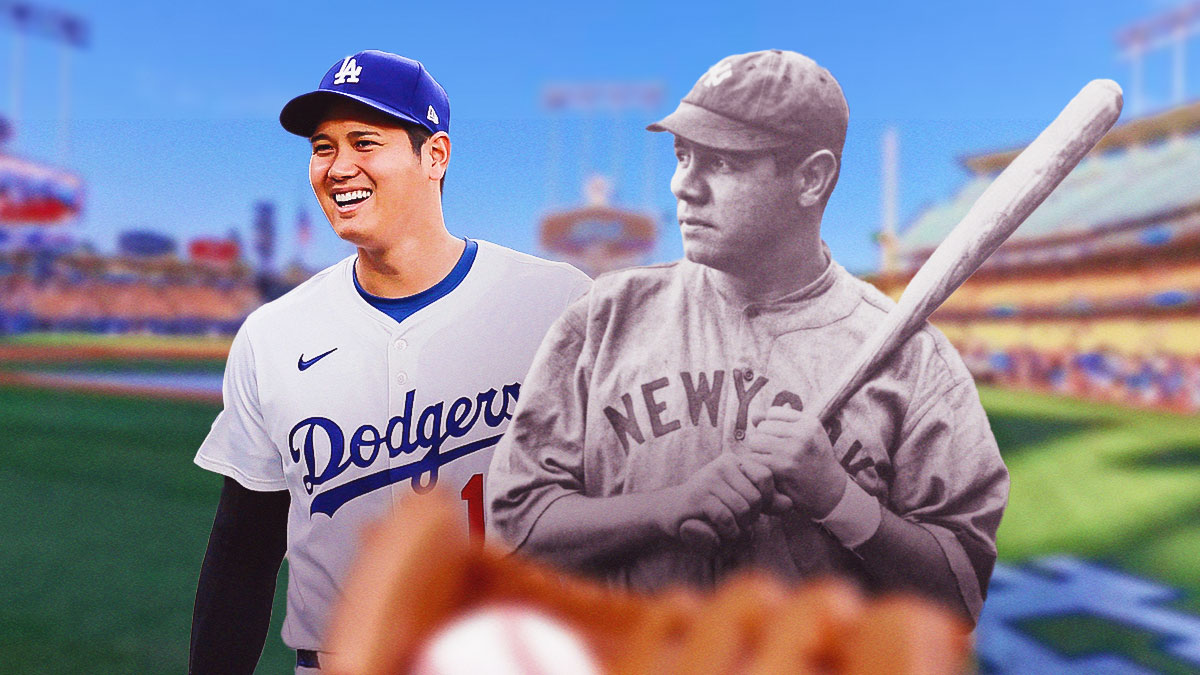 Shohei Ohtani celebrates next to Yankees' Babe Ruth at Dodgers stadium.