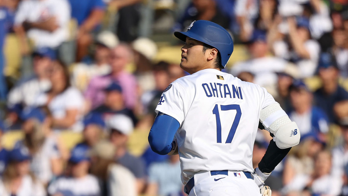 Los Angeles Dodgers designated hitter player Shohei Ohtani (17) reacts to flying out against the Chicago Cubs during the third inning of the game at Dodger Stadium.