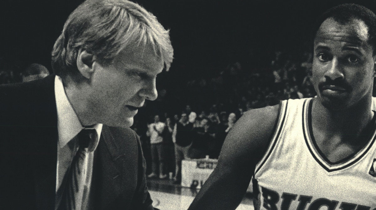 Sidney Moncrief received the game ball after scoring his 10,000th point. Sidney Moncrief was drafted by the Bucks and spent 10 seasons in Milwaukee. He is shown receiving the game ball from Bucks coach Don Nelson after scoring his 10,000th point in 1987.