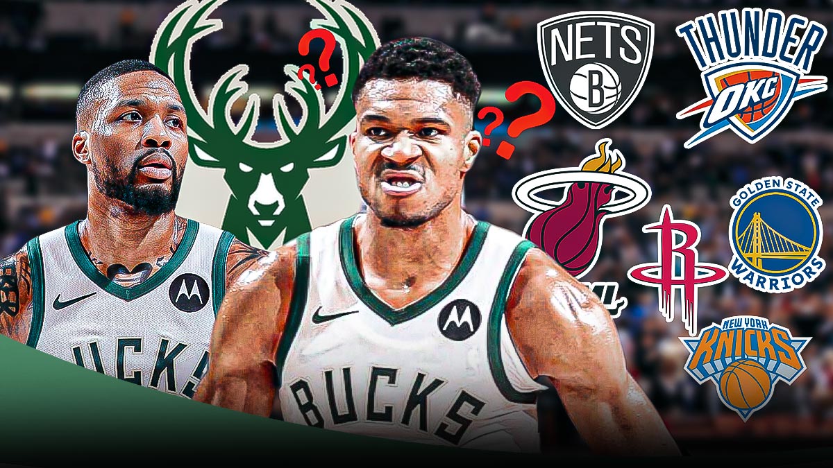 Bucks' Giannis Antetokounmpo with question marks next to Damian Lillard and logos for rival teams