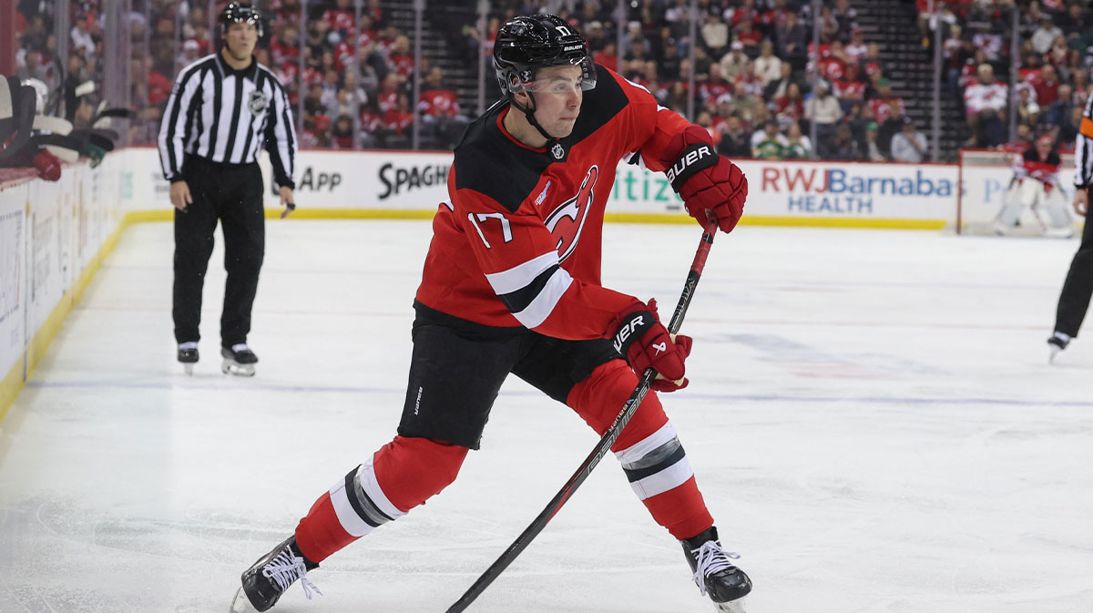 New Jersey Devils defenseman Simon Nemec (17) shoots against the Minnesota Wild during the second period at Prudential Center.