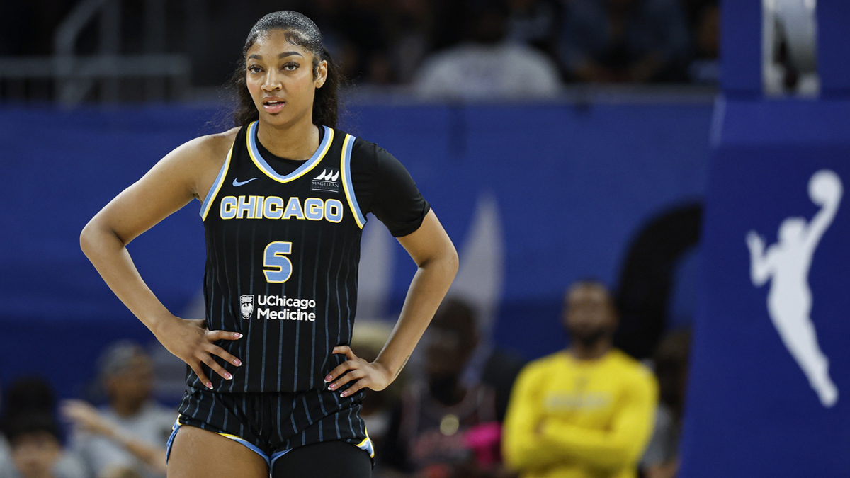 Chicago Sky forward Angel Reese looks on during the first half of a basketball game against the Las Vegas Aces at Wintrust Arena.