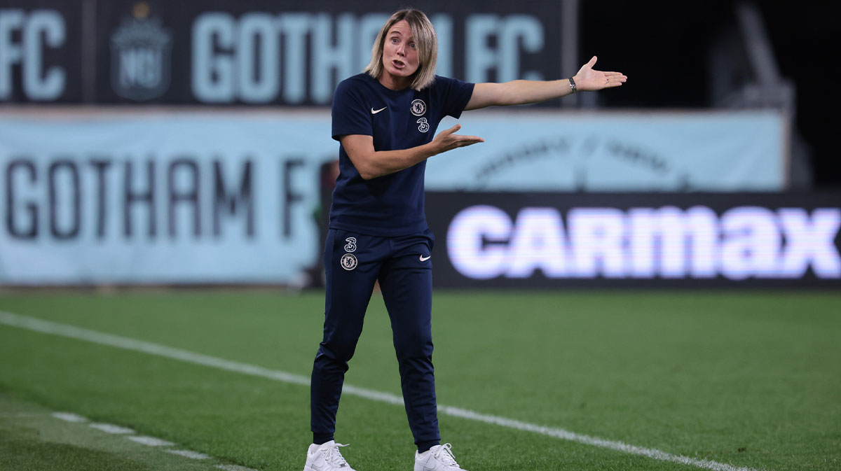 Chelsea FC head coach Sonia Bompastor reacts during the second half against NJ/NY Gotham FC at Red Bull Arena.